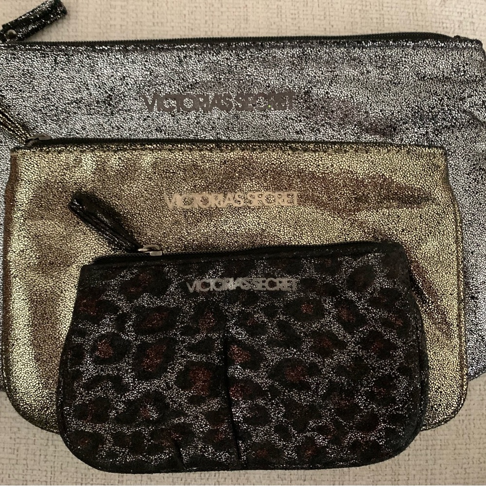 Victoria's Secret Silver, Gold, and Black Leopard Cosmetic Bag Set